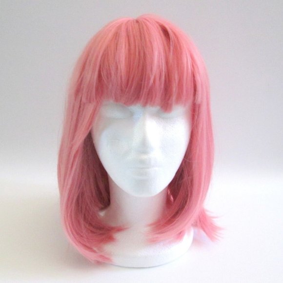 Pink Synthetic Hair Women Wig Bob Style With Bangs Lace Undercap Bubblegum Pink - Picture 1 of 10